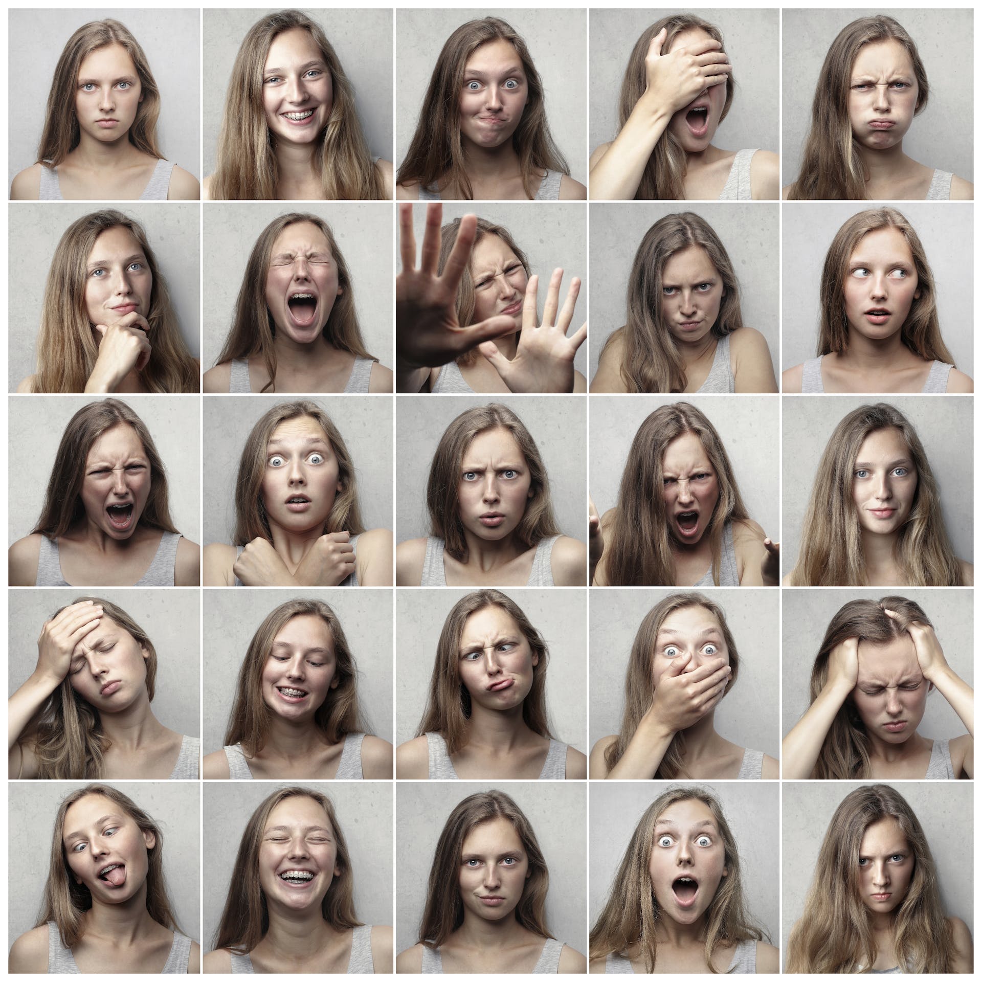 Collage of diverse facial expressions by a single woman, representing the range of human emotions, symbolizing the effectiveness of brand storytelling strategies in engaging an audience.