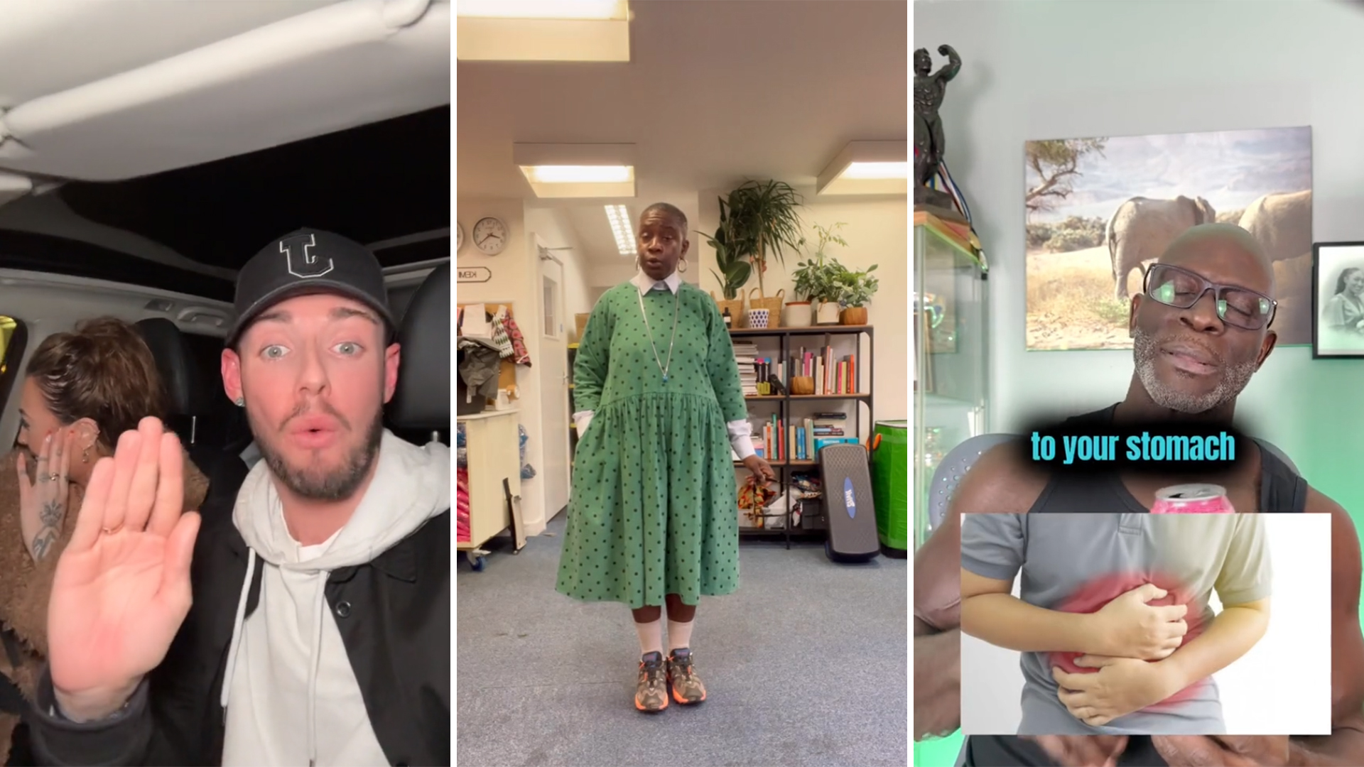 A collage showcasing three TikTok creators, each embodying 'TikTok Content Mastery' in their unique way. On the left, a man in a car gestures to the camera, in the center, a woman in a green dress stands confidently in an office, and on the right, a man discusses health, with text overlay 'to your stomach'. The diversity of content highlights the range of engaging material on the platform.