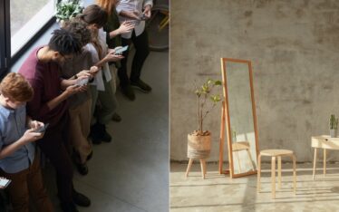 A diptych image contrasting two scenes. On the left, a group of people stand in line by a window, each engrossed in their smartphones, symbolising the pervasive engagement with social media. On the right, a tranquil setting with a tall mirror reflecting a sparsely furnished room with a wooden stool, a desk, and a potted plant, evoking a sense of calm and the space for personal reflection, indicative of escapting the social echoes for authentic creativity on social media.
