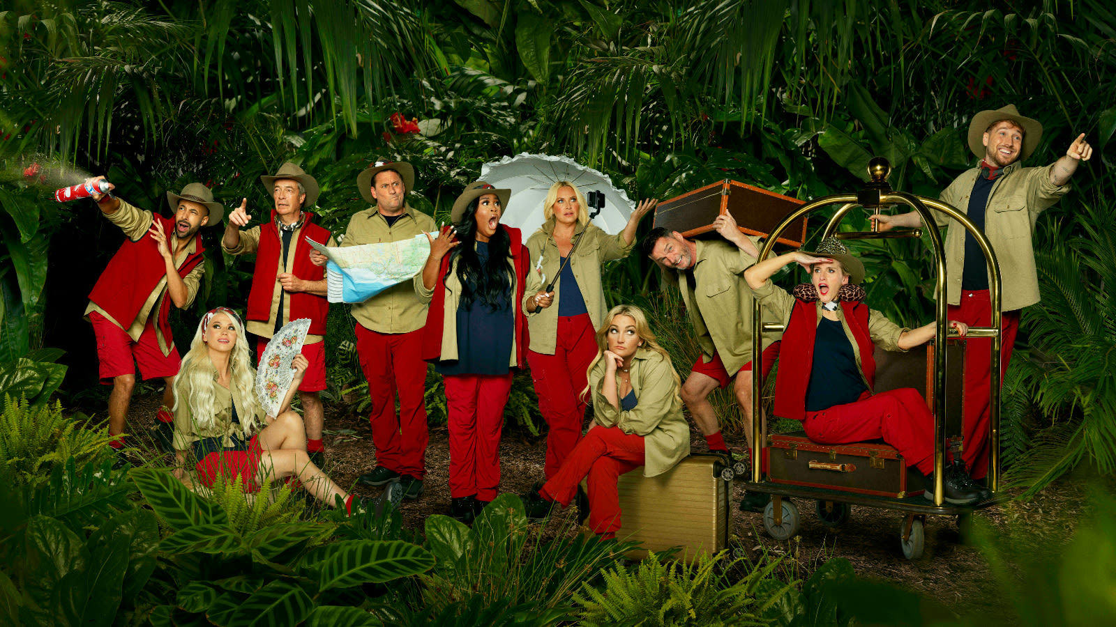 Current lineup of 'I'm A Celebrity Get Me Out of Here' contestants, featuring Nella Rose Brand Controversy Management, in red and beige, posing playfully in a jungle setting.