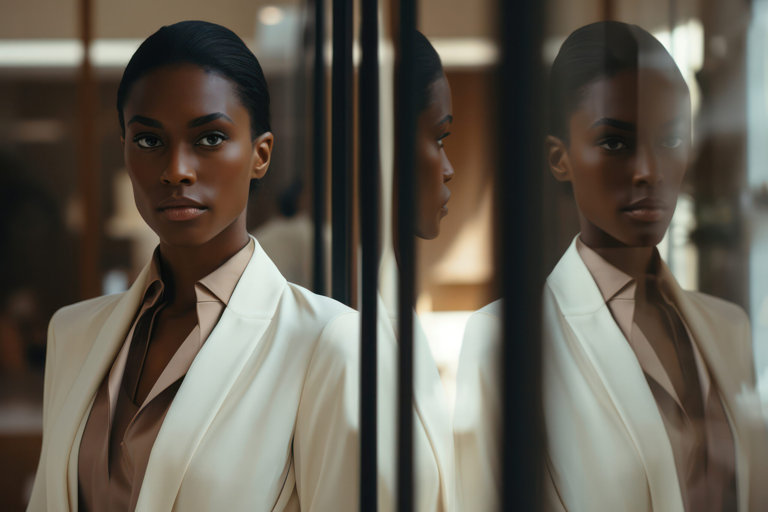 A confident woman in a chic beige blazer gazes intently at her reflection in a glass pane, embodying self-reflection and the power of self-belief.