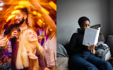 Left image shows a vibrant group of people enjoying a party, depicting extroverted socializing, while the right image captures a woman contentedly reading alone at home, illustrating The Introvert Experience in a Social-Centric Culture.