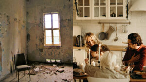 Side-by-side comparison of a dilapidated room with peeling walls and debris, next to a bright, well-maintained kitchen with a happy family gathered around the table. This visual emphasizes the concept that 'everything is marketing' by highlighting the impact of property upkeep on tenant satisfaction and property value.