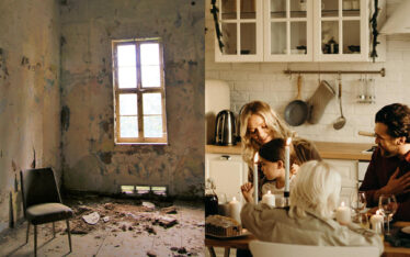 Side-by-side comparison of a dilapidated room with peeling walls and debris, next to a bright, well-maintained kitchen with a happy family gathered around the table. This visual emphasizes the concept that 'everything is marketing' by highlighting the impact of property upkeep on tenant satisfaction and property value.