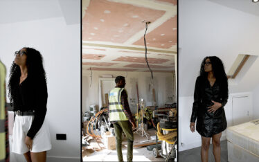 A collage of Bess Obarotimi at various stages of viewing properties during her divine career transition. The first image shows Bess in a white shirt and skirt, looking at a finished room. The middle image features Bess in a construction safety vest, observing ongoing work in a room with exposed wiring and an unfinished ceiling. The last image displays Bess in a black dress, examining an interior with construction materials scattered around. Each scene captures key moments from her property journey.