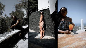 Triptych of a Bess Obarotimi in diverse poses promoting freedom and expression. From left to right: sitting thoughtfully on a ledge, standing elegantly in a flowing dress, and enjoying a drink outdoors with a view. Each frame captures a moment of personal freedom, echoing the theme 'Dance Like No One's Watching: Be Free