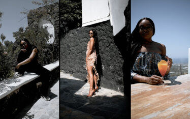 Triptych of a Bess Obarotimi in diverse poses promoting freedom and expression. From left to right: sitting thoughtfully on a ledge, standing elegantly in a flowing dress, and enjoying a drink outdoors with a view. Each frame captures a moment of personal freedom, echoing the theme 'Dance Like No One's Watching: Be Free